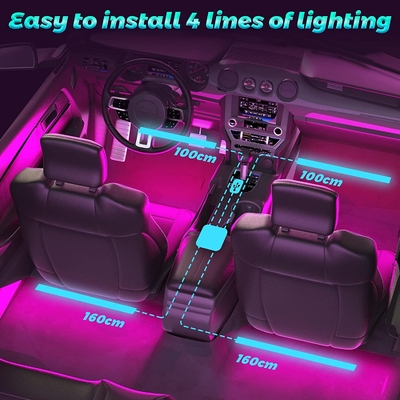 4 PC 48 luces interiores llevadas IP65 de la atmósfera del coche de la tira con el control portuario de USB APP