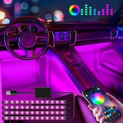 4 PC 48 luces interiores llevadas IP65 de la atmósfera del coche de la tira con el control portuario de USB APP